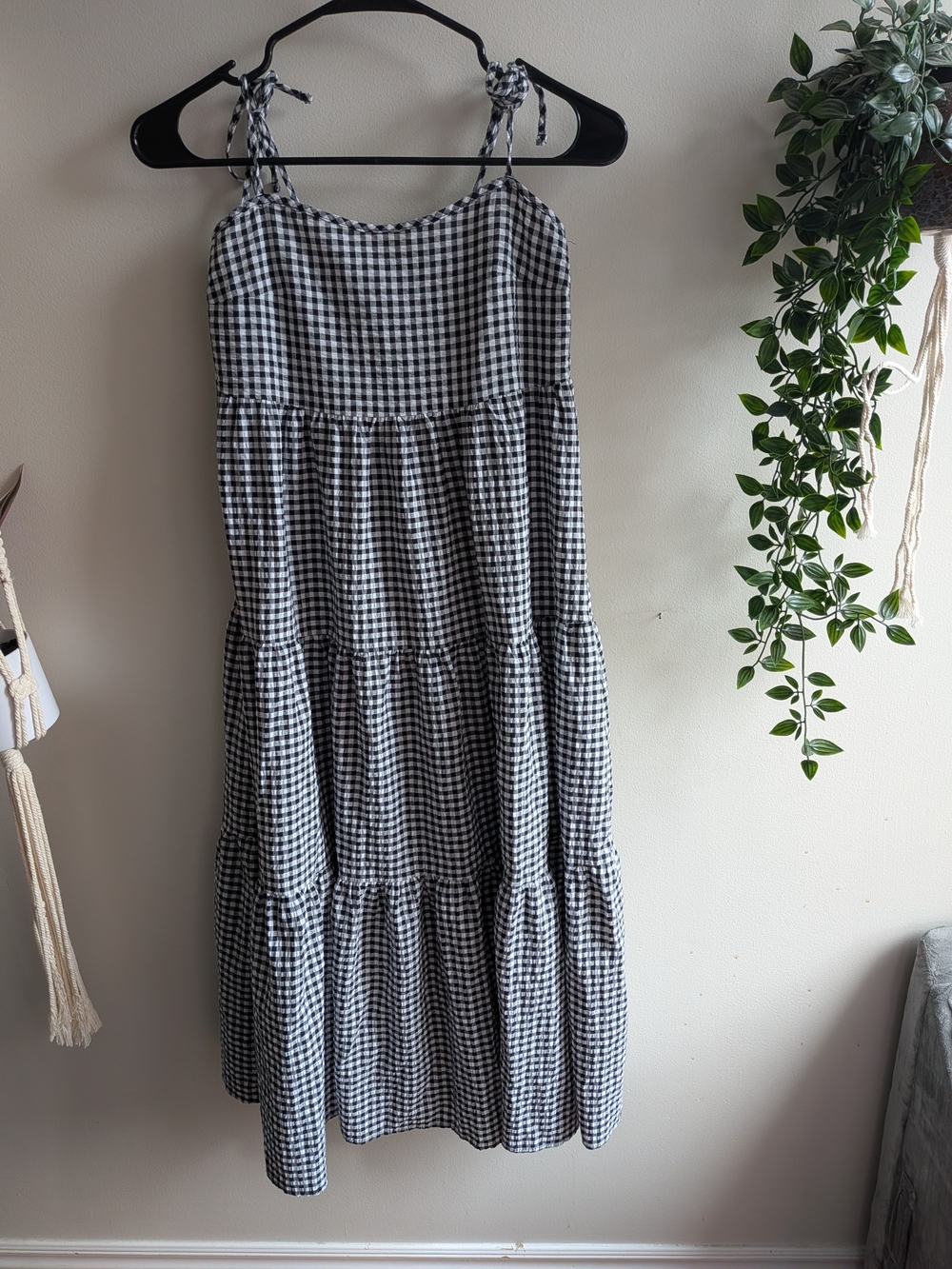 NWOT Gingham Tie-Shoulder Tiered Maxi Skirt - Black & White